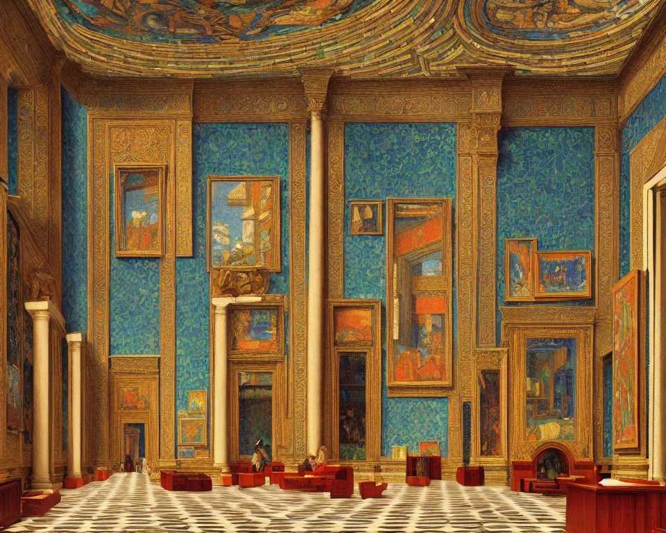 Prompt: an achingly beautiful print of the interior of an opulent art museum with vibrant mosaics covering the walls, potted plants, and classical antiquities by Raphael, Hopper, and Rene Magritte. detailed, romantic, enchanting, trending on artstation.