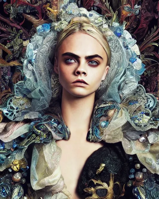 Prompt: cara delevingne wearing epic haute couture by Alexander McQueen, extremely beautiful and proportionate face, in the aesthetic of mert and marcus, masterpiece, intricate, elegant wardrobe, highly detailed, digital painting, artstation, concept art, smooth, sharp focus, illustration, art by artgerm and james jean and greg rutkowski and alphonse mucha