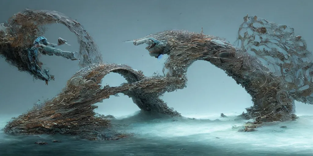 Image similar to study material with side perspective, transparent water River flow, realistic water foam,agua droplets, underwater, bridge made of water ,physically based rendering, defined features by ellen jewett, tomasz alen kopera and Justin Gerard