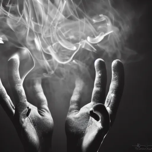 Image similar to smoke hands, lasers, darkness, macro, wide angle, elaborate, smoke, highly detailed, beautiful lighting