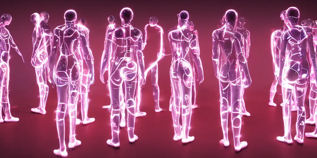 Prompt: groups of androids with glowing electronic bodies, from behind, rebirth, beauty, wide angle, elaborate, wet, highly detailed, colors, beautiful lighting