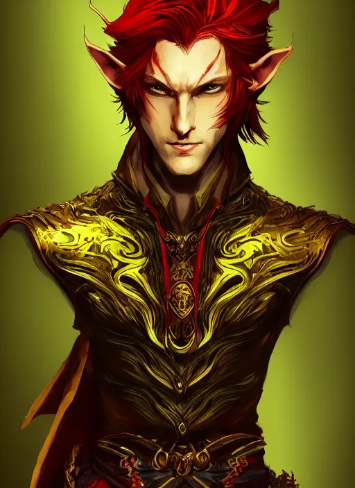 Prompt: Half body portrait of a handsome young red haired elven monk prince with dragon eyes, red, green and gold ornate robe. In style of Yoji Shinkawa and Hyung-tae Kim, trending on ArtStation, dark fantasy, great composition, concept art, highly detailed.