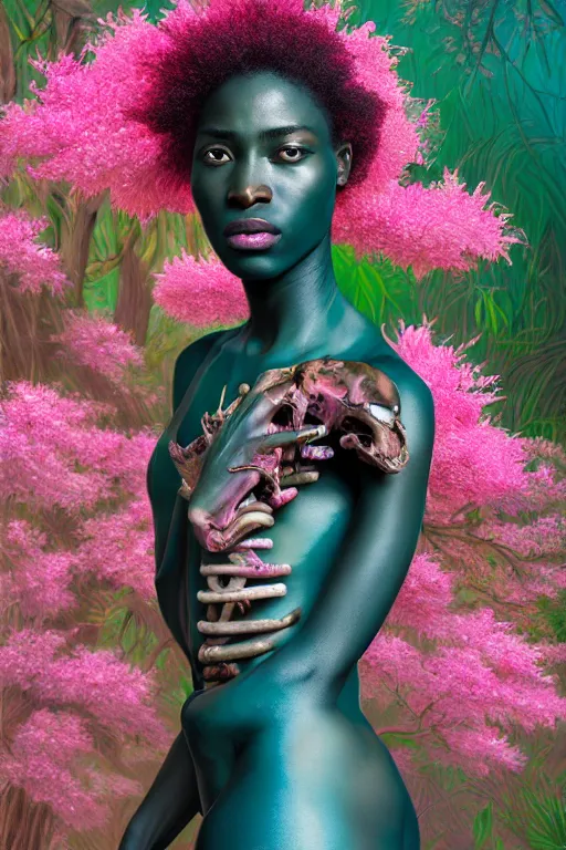 Image similar to hyperrealistic post - renaissance masterpiece super expressive! yoruba goddess with exoskeleton armor, merging with tree in a forest, pink flowers, highly detailed digital art cinematic, smooth cam de leon eric zener dramatic pearlescent soft teal light, ground angle hd 8 k, sharp focus