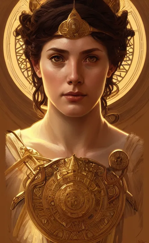 Image similar to portrait of the goddess athena, greek mythology, intricate, headshot, highly detailed, digital painting, artstation, concept art, sharp focus, cinematic lighting, illustration, art by artgerm and greg rutkowski, alphonse mucha, cgsociety