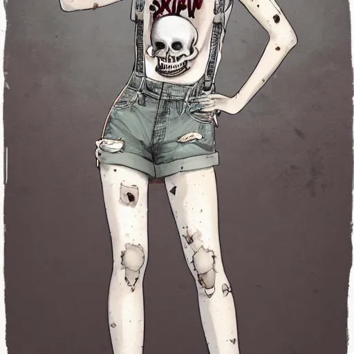 Prompt: a grungy skull woman with white short pixy cut hair, drunk, angry, soft eyes and narrow chin, dainty figure, torn overalls, short shorts, combat boots, gasmask, basic white background, side boob, symmetrical, single person, style of by jordan grimmer and greg rutkowski, crisp lines and color,
