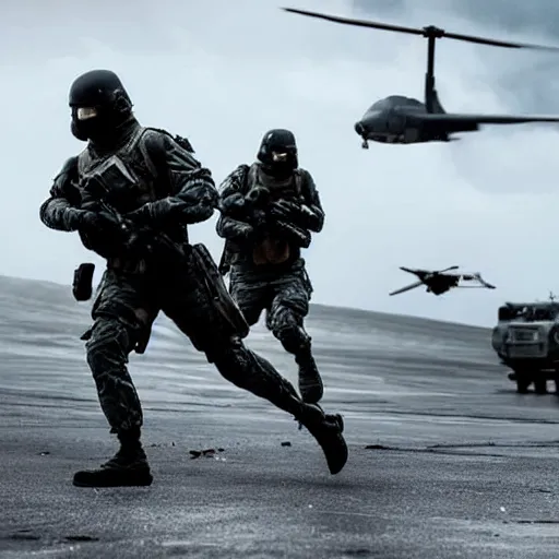 Image similar to Special Forces in grey uniform with black body armor evacuating an LZ in 2022, photo by Adam Ferguson, Pulitzer Winning, cinematic composition, breathtaking, modern, 2022