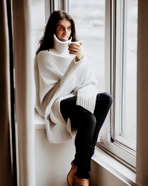 Prompt: photograph of a pretty french girl with dark hair, wearing a loose oversized white sweater, cuddled up by a windowsill sipping a mug of tea during sunset. Shot in the style of Annie Leibovitz for a fashion lookbook in 2018, Sigma 1.6, 50mm, bokeh, cinematic lighting, high detail, tack sharp focus, award winning.