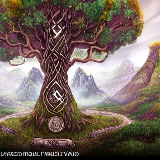 Prompt: The beautiful Yggdrasil world tree etched with futhark runes, standing in a mountainous valley, cartoon digital art