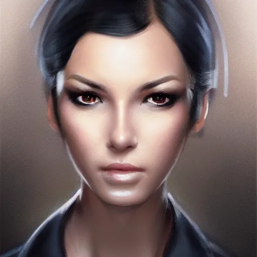 Prompt: futuristic portrait of a middle aged beautiful female police officer with jet black hair , backlit , made by Stanley Artgerm Lau, WLOP, Rossdraws, ArtStation, CGSociety, concept art, cgsociety, octane render, trending on artstation, artstationHD, artstationHQ, unreal engine, sfw, 4k, 8k,