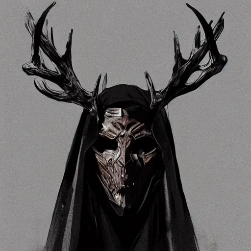 Image similar to portrait of a character wearing a black cloak, with a white mask in the shape of a deer skull, the mask covers her entire face, dramatic lighting, illustration by Greg rutkowski, yoji shinkawa, 4k, digital art, concept art, trending on artstation