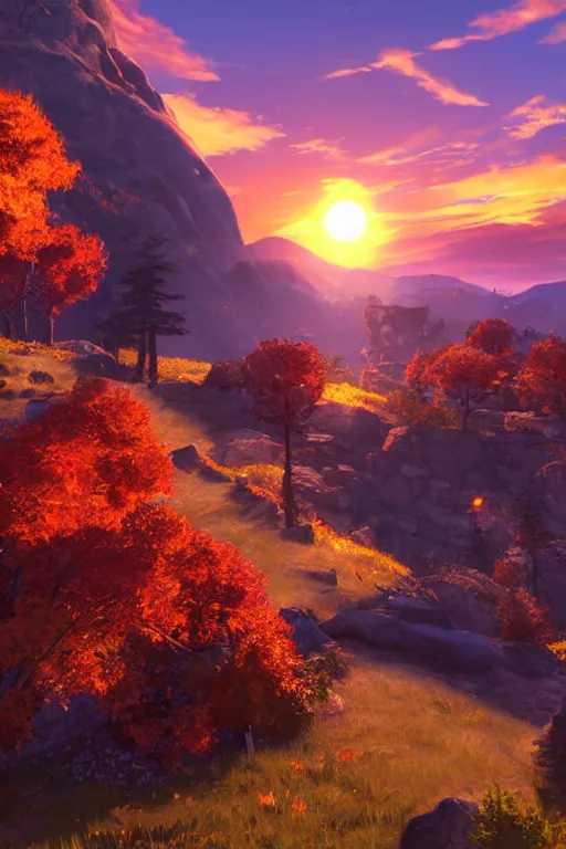 Image similar to fiery autumn twilight with the sun very close to the edge of the mountain, open - world aaa game, isekai fantasy light novel, screenshot