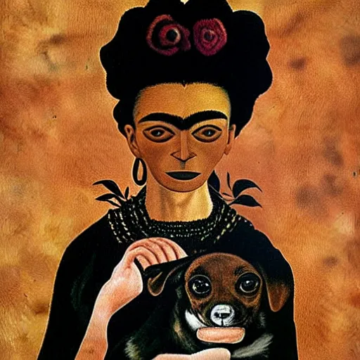 Image similar to a woman and her black and brown chihuahua by frida kahlo