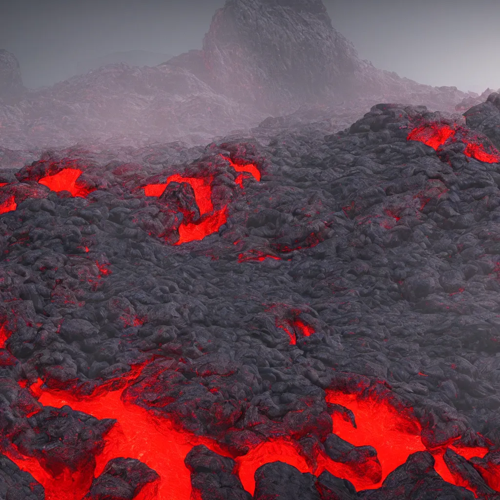 Image similar to satanic mountain goats with glowing red eyes on a sheer obsidian cliffside with lavaflow, lava waterfalls, photorealistic landscape render, octane render, vray, pools of lava, beautiful, ambient occlusion, particle effects, breaking ocean waves, light bloom, rtx