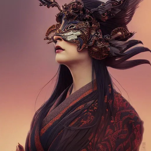 Image similar to a photorealistic dramatic fantasy render of a beautiful woman wearing a beautiful intricately detailed japanese crow kitsune mask and clasical japanese kimono by wlop, artgerm, greg rutkowski, alphonse mucha, beautiful dynamic dramatic dark moody lighting, shadows, cinematic atmosphere, artstation, concept design art, octane render, 8 k