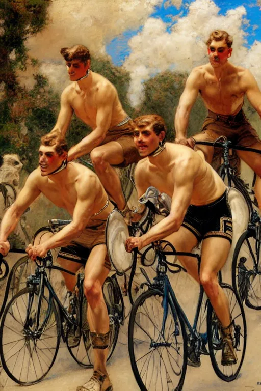 Image similar to handsome male cyclists, tour de france painting by gaston bussiere, craig mullins, j. c. leyendecker, tom of finland