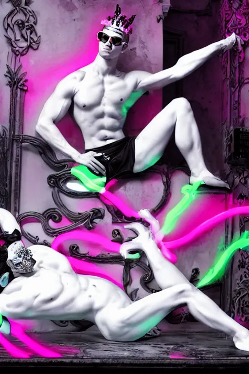 Image similar to full-body rococo and cyberpunk style neon statue of a muscular attractive Camilo wearing cholo shades macho dotado e rico android sim roupa reclining con las piernas abertas e la piroca dura, ethereal white dripping tar, glowing white lasers, pink tigers, glowing eyes, silver prince crown, black gears, pink diamonds, swirling mint-colored silk fabric. futuristic elements. full-length view. human skulls. large intricate artwork by caravaggio. Trending on artstation, octane render, cinematic lighting from the right, hyper realism, octane render, 8k, depth of field, 3D