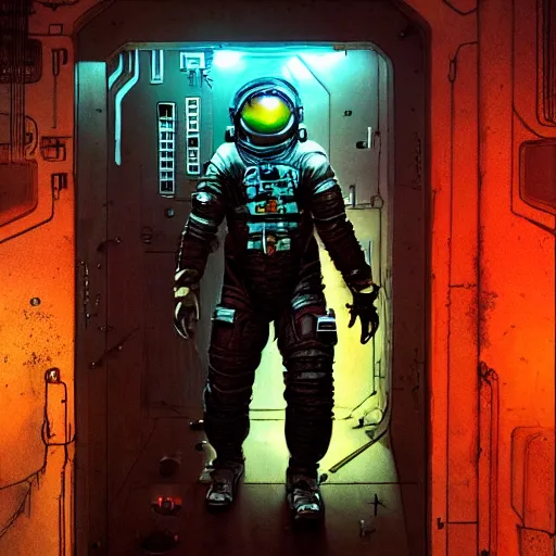 Image similar to Cyberpunk Dead Space themed Astronaut stepping out of an airlock, detailed illustration, Industrial Scifi, by Frank Frazetta and Martin Grip