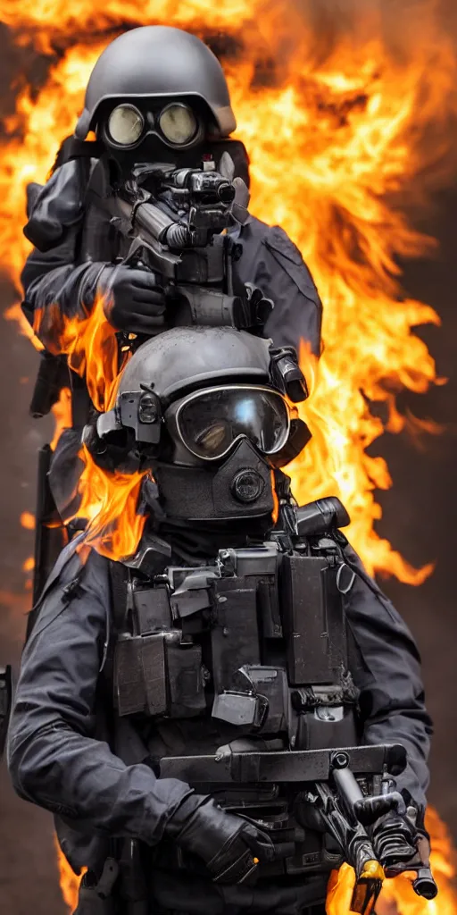 Image similar to portrait of a burning swat agent with a tactical helmet and goggles holding a machine gun, flames, at night, mid shot, editorial photography