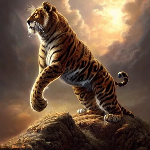 Image similar to a hyperrealistic illustration of a mix of puma and jaguar and lion and tiger jumping over a cliff, giant cat monster, 8 k ultra realistic animal, detailed intricate fur, flame in the fur, with fractal sunlight, award - winning, masterpiece, in the style of tom bagshaw, cedric peyravernay, peter mohrbacher