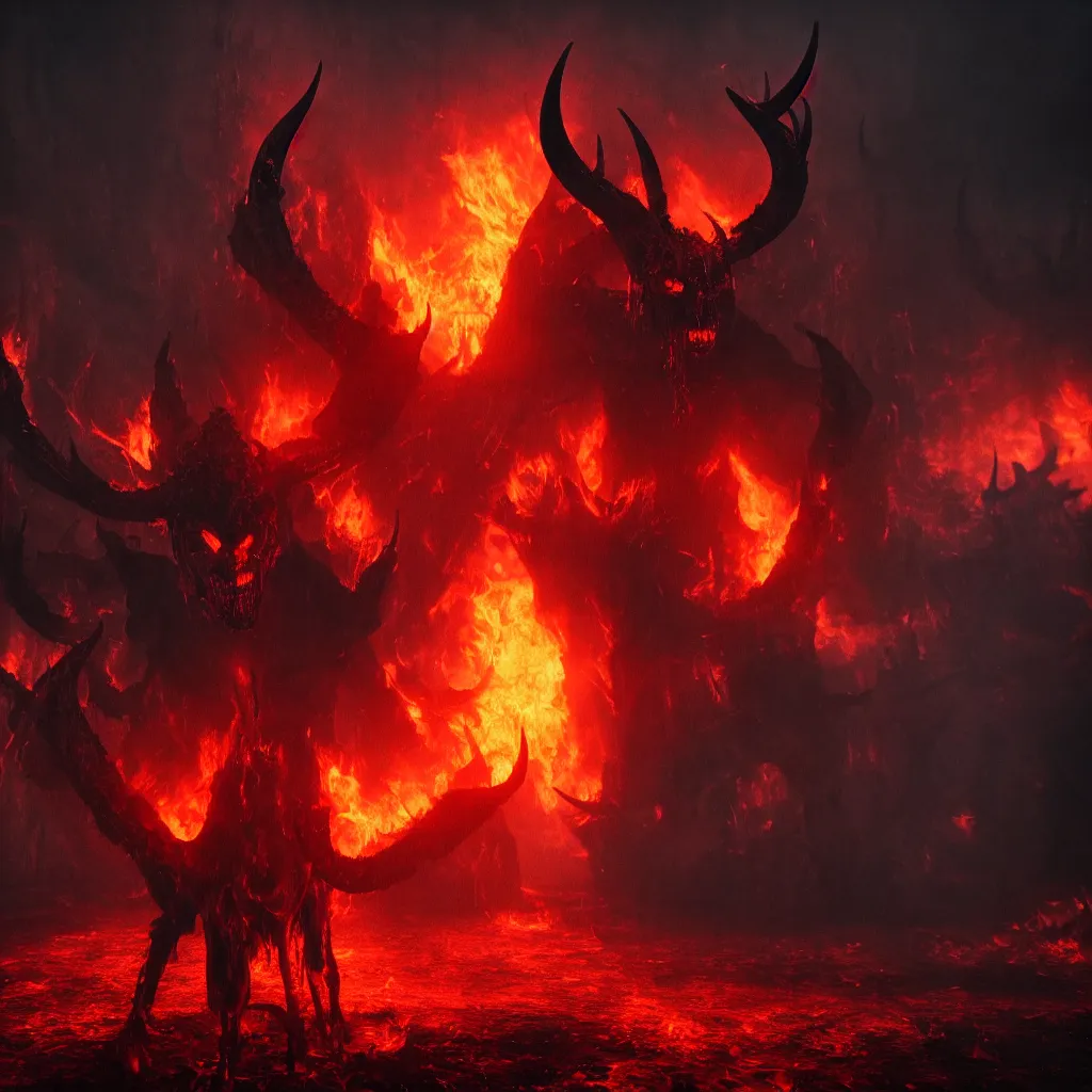 Image similar to A demon with horns in a fiery hell, central composition, dark and mysterious, atmospheric, ominous, eerie, cinematic, 4k, ultra detail, ultra realistic