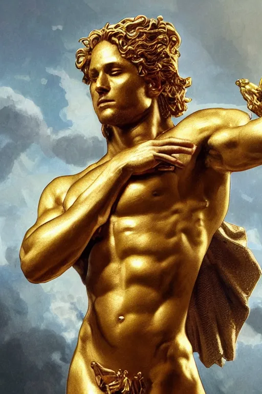 Image similar to ultra realistic illustration, a golden statue of a herculean glenn howerton as the god apollo, intricate, elegant, highly detailed, digital painting, artstation, concept art, smooth, sharp focus, illustration, art by artgerm and greg rutkowski and alphonse mucha