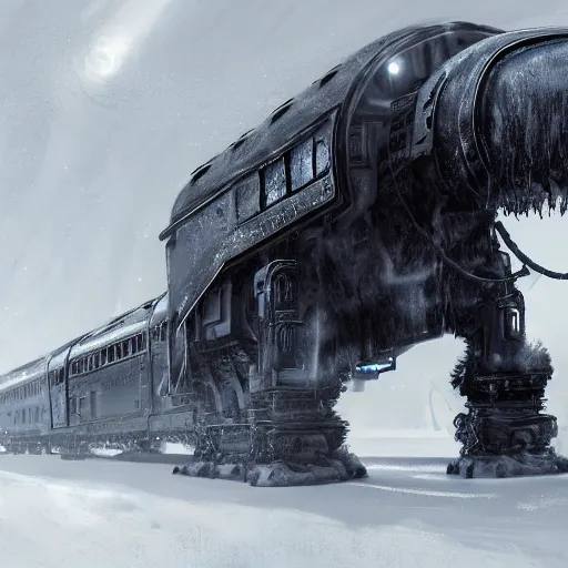 Image similar to an intricate futuristic black steam train and a giant mammoth, post - apocalyptic ice landscape in snowstorm, concept art, artstation, highly detailed, digital art