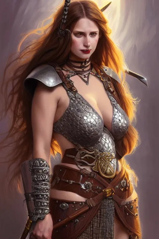 Image similar to Portrait of seductive female barbarian, D&D, revealing stylish dress like metal armor, choker on neck, long flowing hair, mouth slightly open, slight nerdy smile, fantasy, intricate, elegant, highly detailed, digital painting, artstation, concept art, smooth, sharp focus, illustration, art by artgerm and greg rutkowski and alphonse mucha