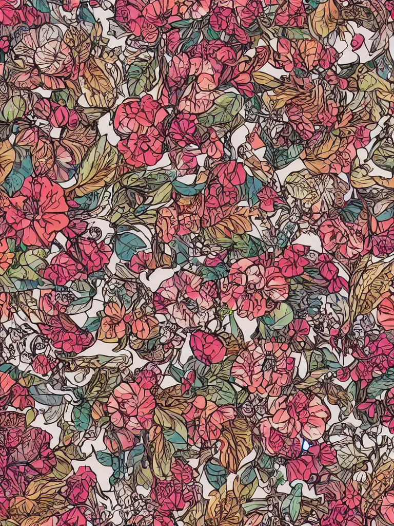 Prompt: ornate decorative floral pattern background, digital asset, line art, watercolour, pretty flowers, leaves, pbr, 8 k, kdp, perfect symmetry, in the style of mucha, cath kidston, emma bridgewater and paperchase