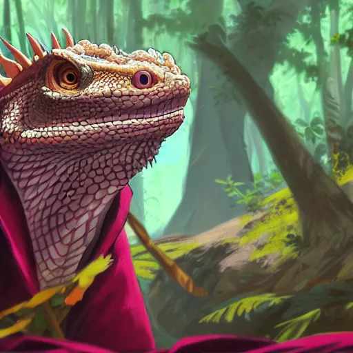 Prompt: concept art painting of an anthropomorphic bearded dragon anthro wearing magenta wizard robes, in the deep forest, realistic, detailed, cel shaded, in the style of makoto shinkai and greg rutkowski and james gurney