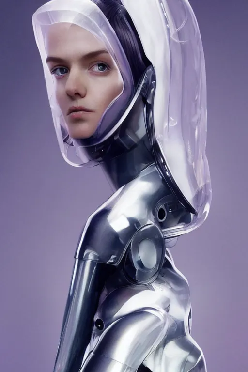 Image similar to a beautiful half body image of a futuristic android with body made of translucent plastic, long hair made of cellophane with a plastic hood and mechanical internal parts, symmetrical and realistic proportions by Irakli Nadar, tom bagshaw, Charlie Bowater with details by Jason Felix, furio tedeschi, face by ilya kuvshinov, artgerm, cinematic backlit lighting, beauty retouch, elite, photo realistic, octane render, hyper real, ultra detailed, trending on artstation pinterest and deviantart