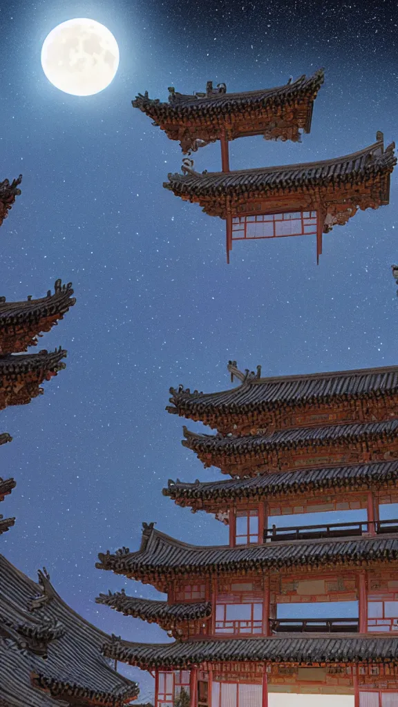 Prompt: night sky, stars, super bright moon, ancient chinese architecture, by caspar david friedrich, filmic, photoshoot, ray tracing reflections