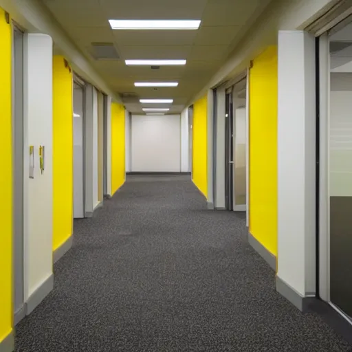 Prompt: liminal abandoned office hallways with walls and carpeting with a monochromatic tone of pale yellow, fluorescent lights, pale yellow walls, pale yellow carpet flooring, european office