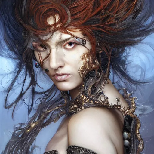 Image similar to portrait, headshot, insanely nice hair style, dramatic hair color, digital painting, of a old 17th century, old cyborg merchant, amber jewels, baroque, ornate clothing, scifi, realistic, hyperdetailed, chiaroscuro, concept art, art by Franz Hals and Jon Foster and Ayami Kojima and Amano and Karol Bak,