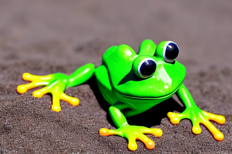 Image similar to fisher price frog on the beach, california, in 2 0 1 5, perfect focus, scene from tv show hyper detailed 5 5 mm 8 5 mm, toy photography, made out of plastic