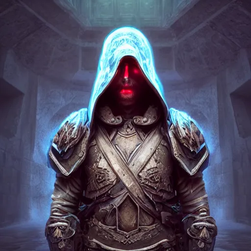 Prompt: portrait of a hooded male warrior inside a bioluminescent temple, fantasy art, realistic, highly detailed, cinematic, 3d render, octane render, sharp focus