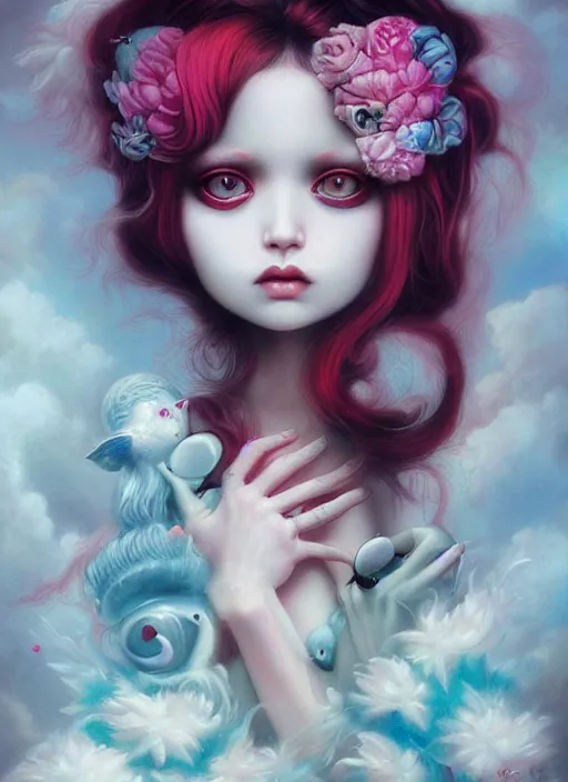 Image similar to pop surrealism, lowbrow art, realistic cute girl painting, japanese street fashion, hyper realism, vivid colours, rococo, natalie shau, loreta lux, tom bagshaw, mark ryden, trevor brown style,