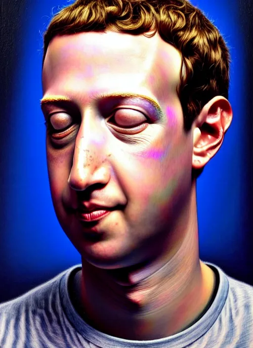 Image similar to hyper detailed 3d render like an Oil painting - Portrait of Mark Zuckerberg hooked up to a mainframe by Jacek Yerka, Mariusz Lewandowski, Houdini algorithmic generative render, Abstract brush strokes, Masterpiece, Edward Hopper and James Gilleard, Zdzislaw Beksinski, Mark Ryden, Wolfgang Lettl, hints of Yayoi Kasuma, octane render, 8k