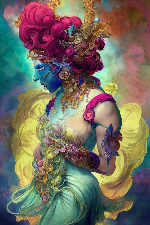 Image similar to woman in Venetian mask, profile, center of the universe, psychedelic, character concept, floating hair, gauzy dress, full body shot, many colors, colorful, all colors, highly saturated colors,, fantasy character, detailed illustration, hd, 4k, digital art, overdetailed art, concept art, Dan Mumford, Peter Mohrbacher, Alfons Mucha, Greg Rutkowski, trending on artstation