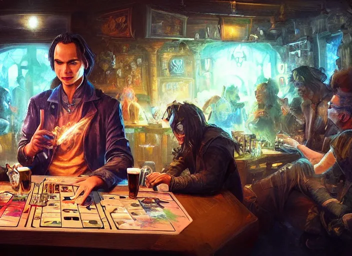 Prompt: frank dillane playing magic the gathering in a pub, realistic, detailed, intricate, digital painting, trending on artstation, beer mug, beer, fantasy, background by marc simonetti, artwork by liam wong, handsome