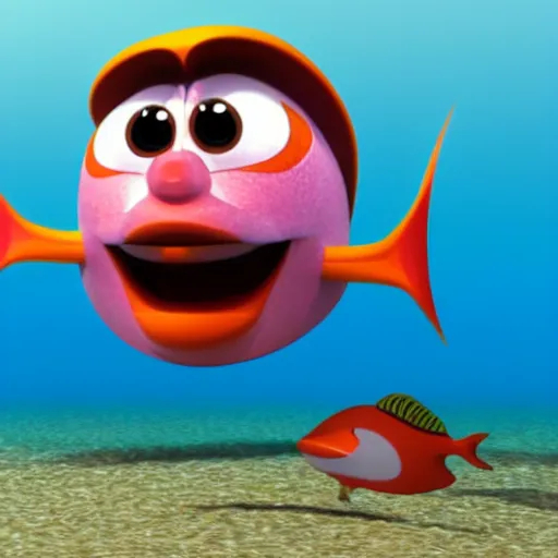 Image similar to a 3d render of two fish underwater, with a boat on top of the sea , in the style of a pixar cartoon, disney cartoon