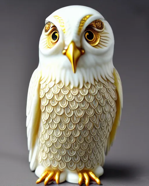 Image similar to gorgeous ornated snow white porcelain realistic detailed sacred owl statue with golden filigree carved out of ivory