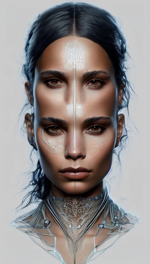 Image similar to symmetry!! zoe kravitz, machine parts embedded into face, intricate, elegant, highly detailed, digital painting, artstation, concept art, smooth, sharp focus, illustration, art by artgerm and greg rutkowski and alphonse mucha, 8 k