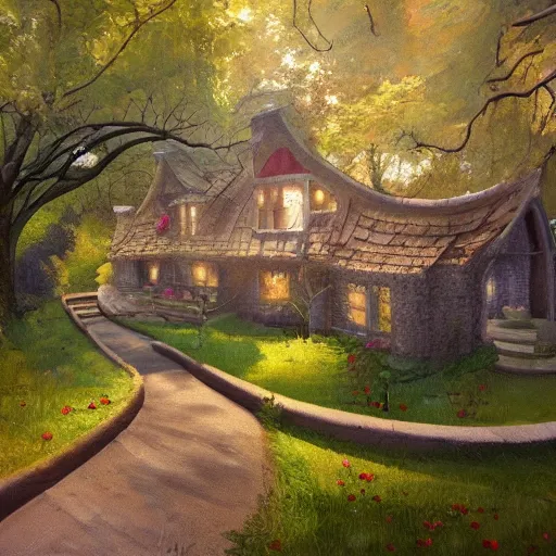 Prompt: house fairytale, path in curve shape leading to the house, oil painting, hd, 8 k, trending artstation,