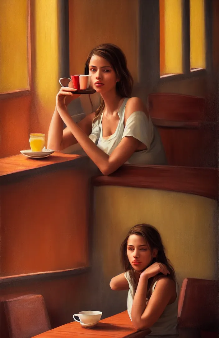 Image similar to a portrait of a beautiful girl sitting in a cafe, cuban setting, warm colors, soft lighting, atmospheric, cinematic, moody, in the style of diego koi, gina heyer, luiz escanuela, art by alyssa monk, hyperrealism, rule of thirds, oil on canvas, 8 k