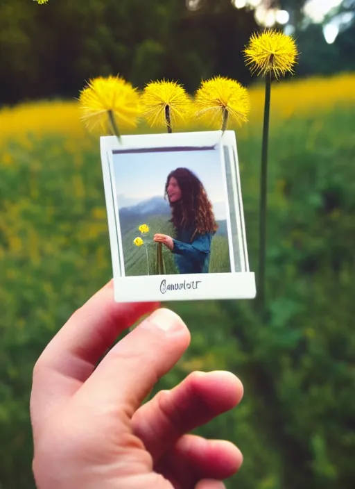 Image similar to instax mini portrait of a woman holding a dandelion in the berkeley hills