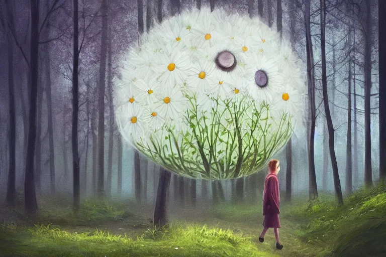 Image similar to giant daisy flower as face, girl walking in forest, surreal photography, dark night, stars, moon light, impressionist painting, clouds, digital painting, artstation, simon stalenhag