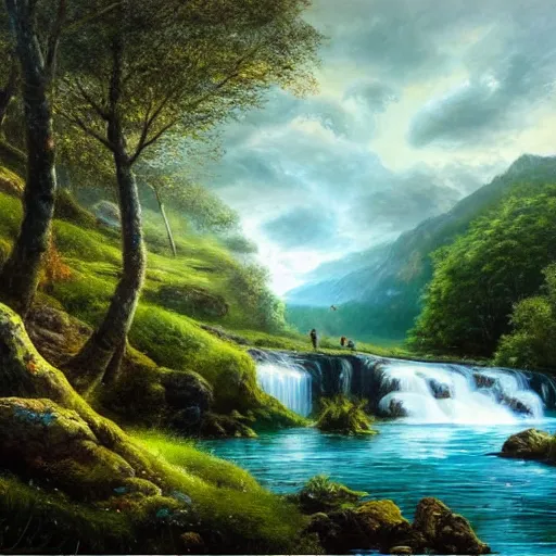Image similar to the most beautiful panoramic landscape, oil painting, where a giant dreamy waterfall creates a river, the trees around are starting to bloom, cinematic lighting, highly detailed