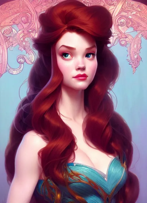 Prompt: portrait of disney ariel, intricate, elegant, highly detailed, my rendition, digital painting, artstation, concept art, smooth, sharp focus, illustration, art by artgerm and greg rutkowski and alphonse mucha and uang guangjian and gil elvgren and sachin teng, symmetry!!