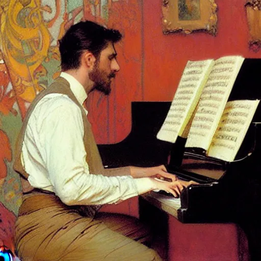 Image similar to attractive man, playing piano, painting by gaston bussiere, craig mullins, greg rutkowski, alphonse mucha