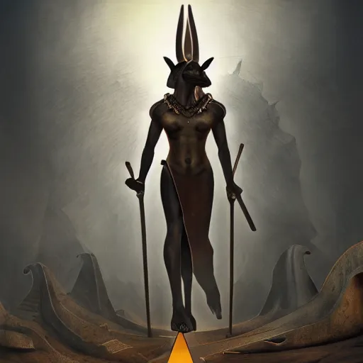 Image similar to anubis of the underworld, concept art, masterpiece, digital art, ultra detailed, sharp focus, cinematic lighting, 8 k hd resolution